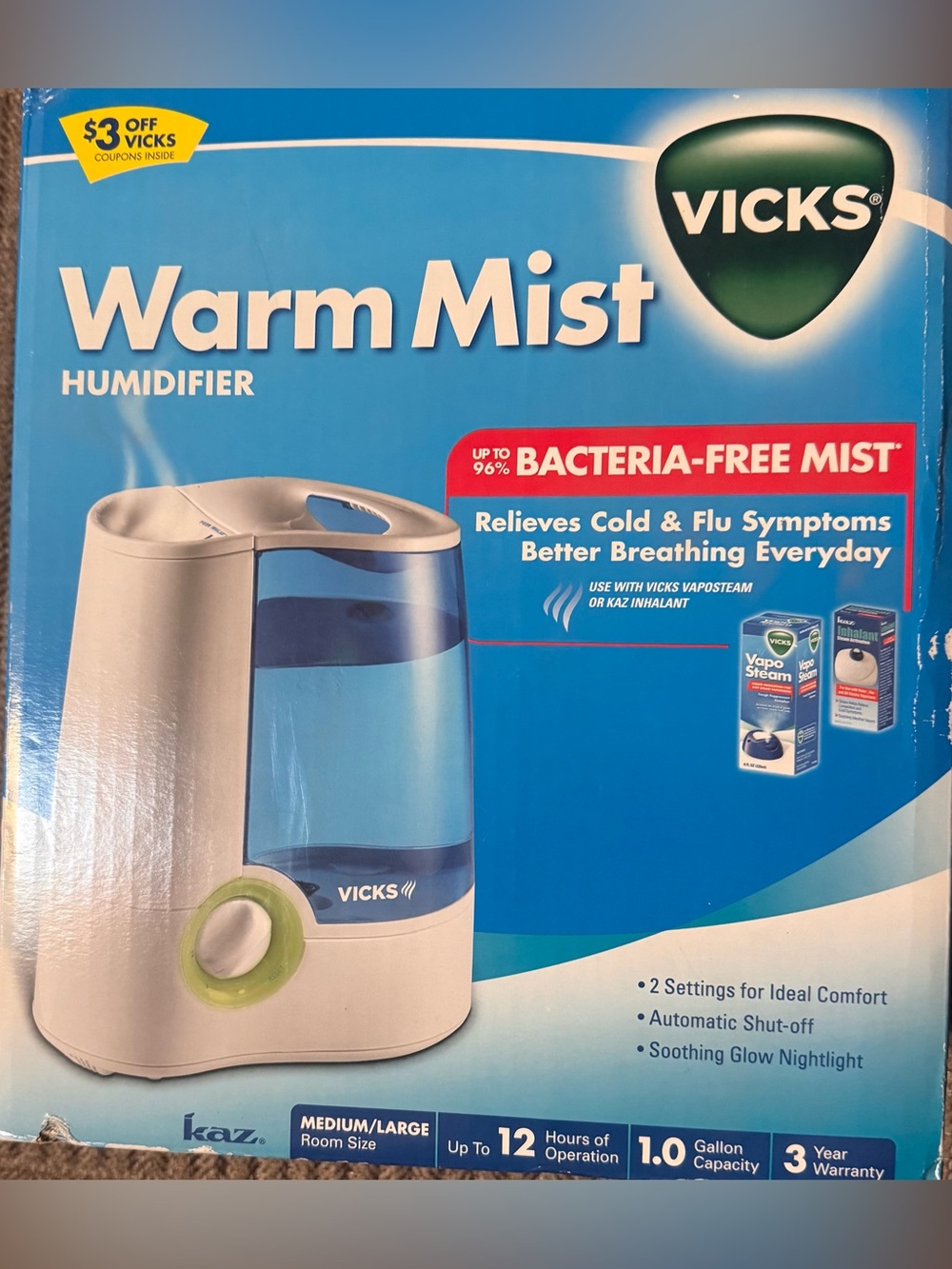 💙 Vicks Warm Mist Humidifier - 1 Galloon w/ Nightlight New In The Box